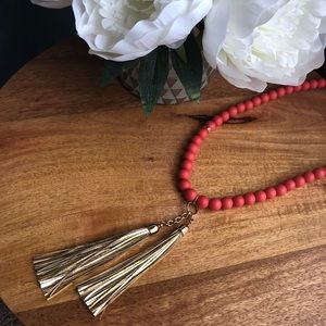 Coral bead & Gold tassel necklace